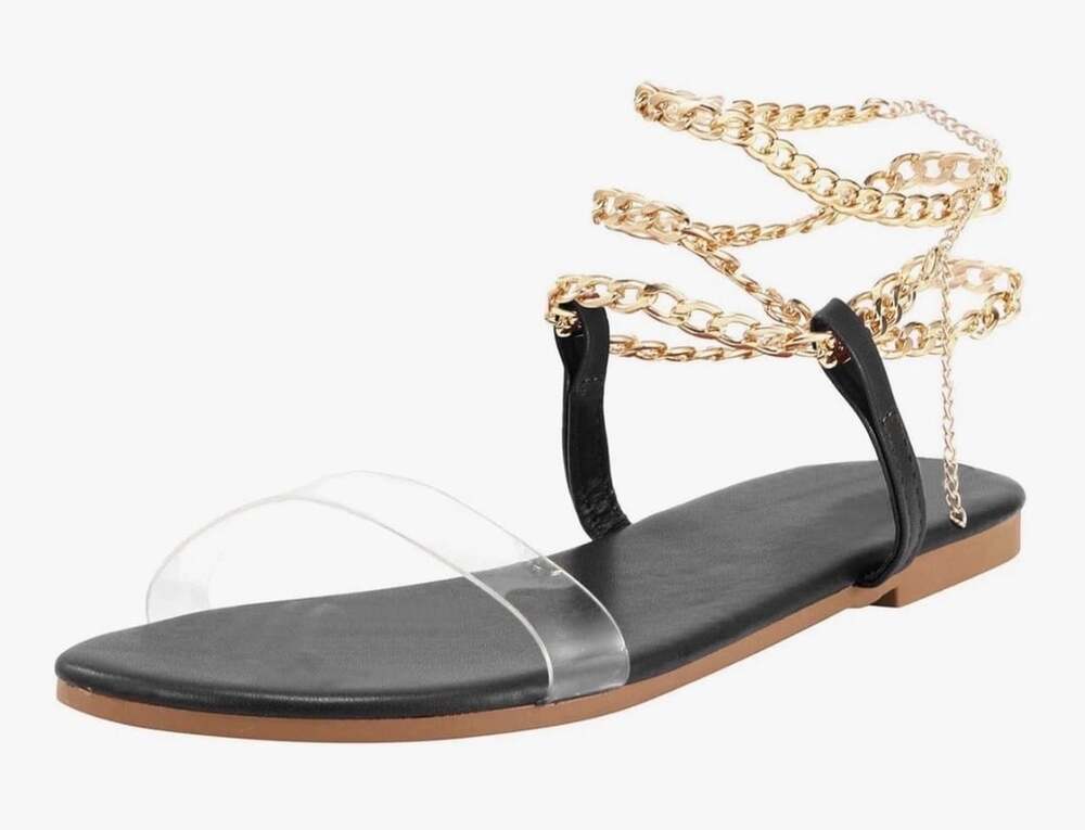 Fashion Nova Breaking The Link Flat Sandals Size 9 Black Clear Gold